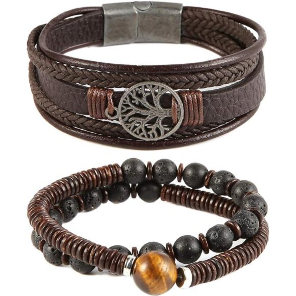 GenuineLeather Tree of life Bracelets Men Women,Tiger Eye Natural Stone LavaRock